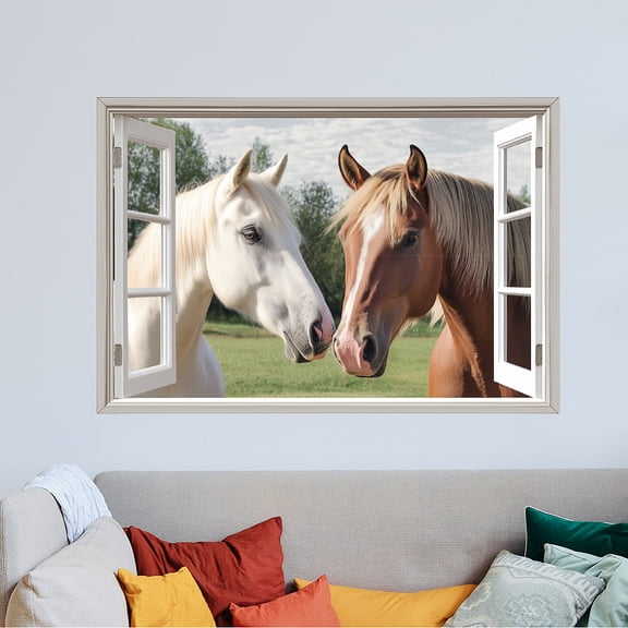 Horses Outside The Window Wall Sticker Animal Wall Decal Large Size Colorful Horse Home Art Mural Two Horses Vinyl Sticker Bedroom