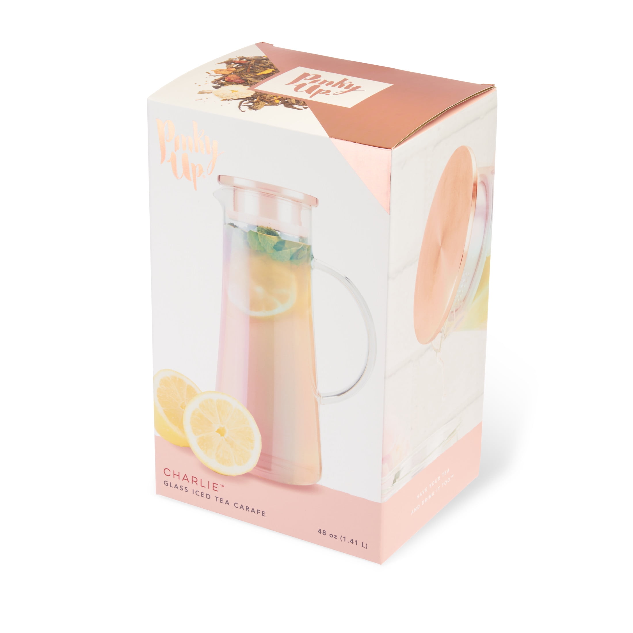 Pinky Up Charlie Glass Iced Tea Pitcher with Lid and Strainer, 48oz