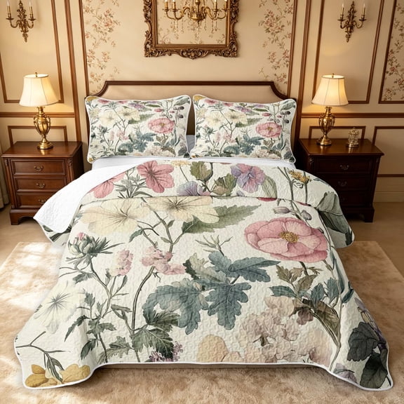 Erosebridal Retro Blossom Twin Quilt Set, Vintage Flower Twin Coverlet Set, Black Reversible, Pastel Cream, 2 Pieces (1 Bedspread and 1 Pillowcase)