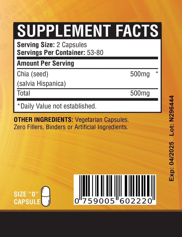 Orgainc Chia Seeds - 320 Vegetable Capsules - Omega-3 - Good Fiber Source