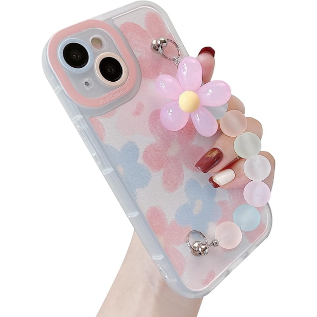 Bonita pulsera de cadena con diseño floral, transparente y suave, compatible con fundas de iPhone para mujeres y niñas (rosa, iPhone 12 Pro).