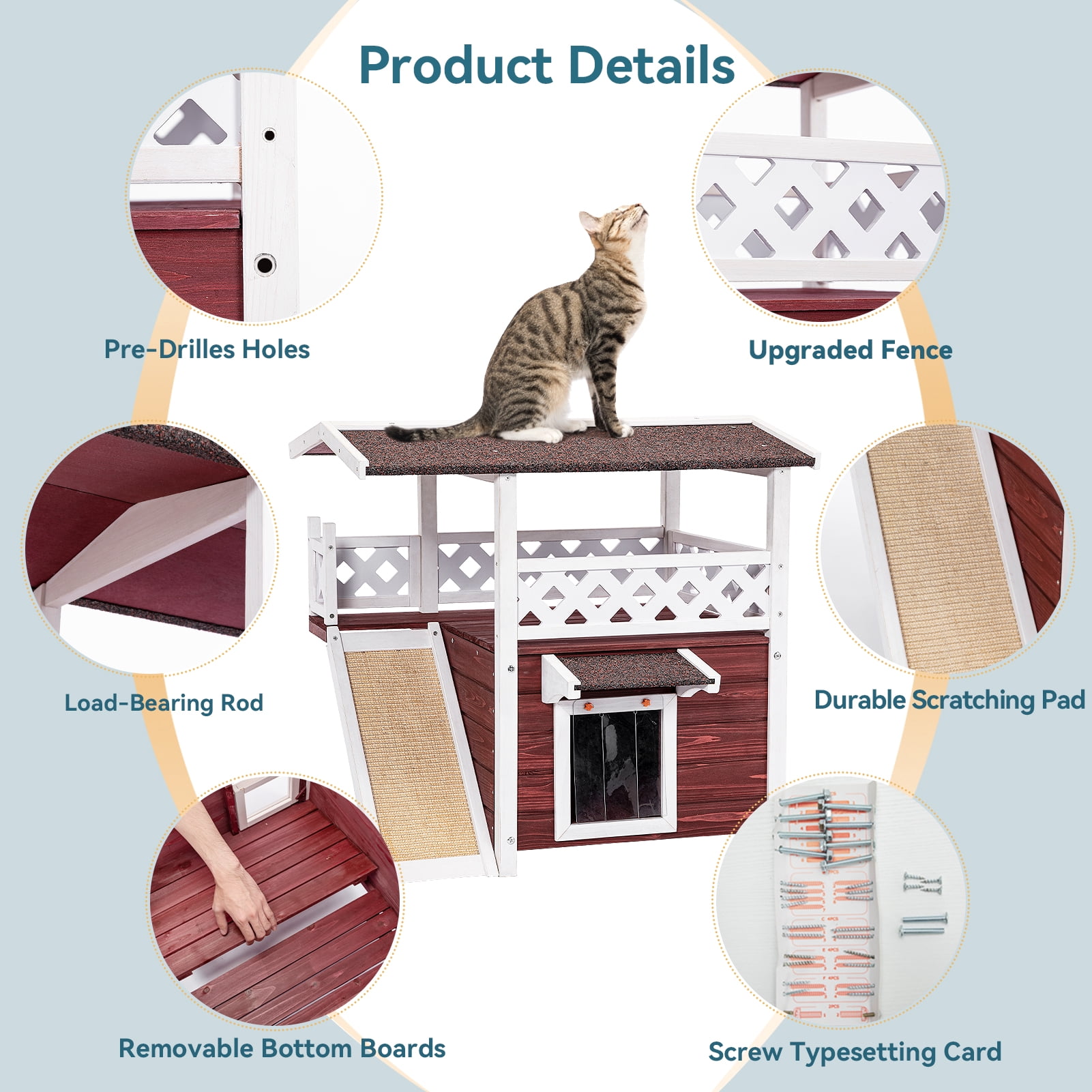 Petsfit 2-Story Outdoor Cat House with Scratching Board & Stairs, Red