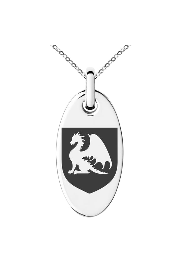 Stainless Steel Dragon Guardian Coat of Arms Shield Engraved Small Oval Charm Pendant Necklace