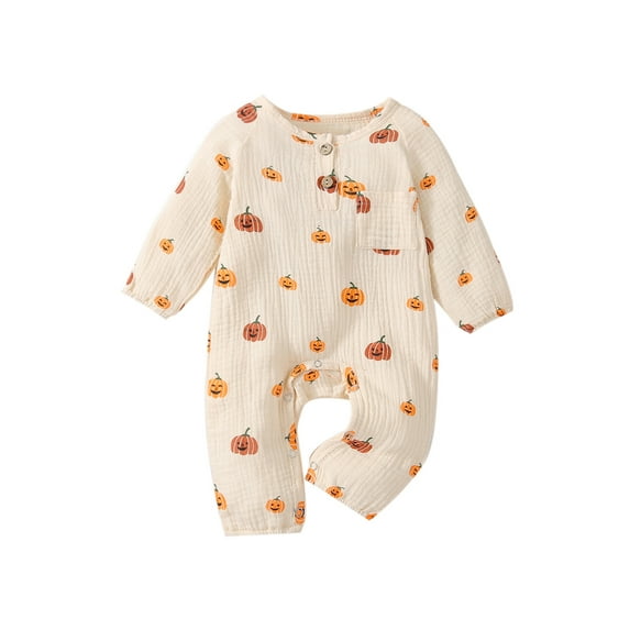 Baby Halloween Jumpsuit Pumpkin Print O-Neck Long Sleeve Romper with Buttons for Toddler Girls Boys