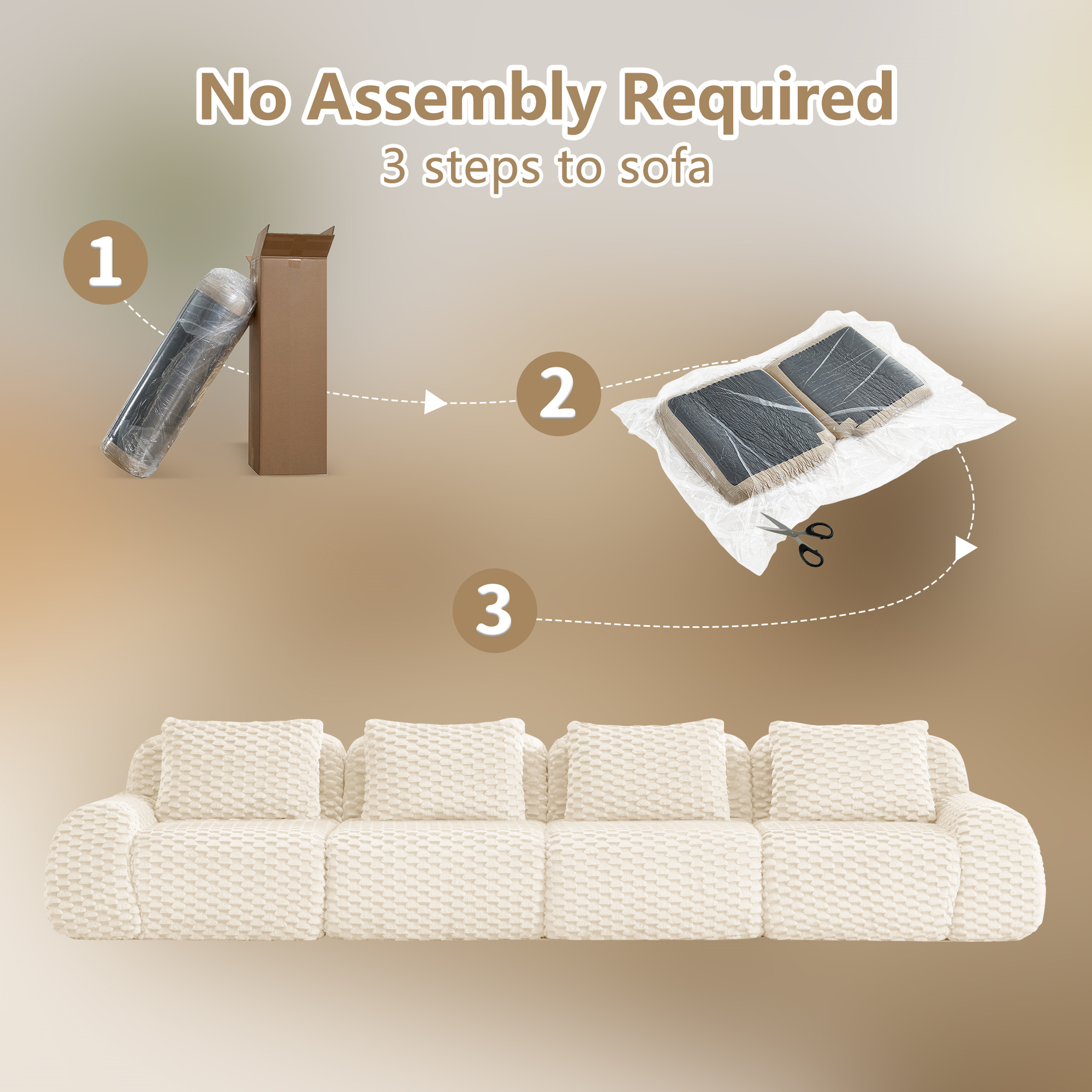 Aukfa 146" Oversized Cloud Sofa Deep Seat 4 Seat Modular Boneless Couch for Living Room, 4 Pillows, Flannel, Cream