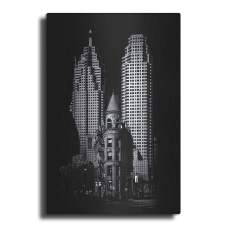 Luxe Metal Art 'Gooderham Flatiron Building And Toronto Downtown No 2' by Brian Carson, Metal Wall Art, 12"x16"