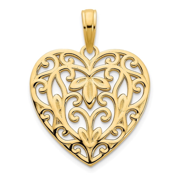 14k Yellow Gold Openwork Filigree Heart Pendant Charm for Women