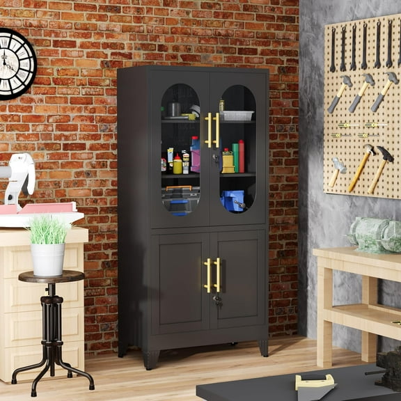 Metal Storage Cabinet with Adjustable Shelves, 61" Tall Garage Cabinet with 4 Lockable Doors, Black Kitchen Pantry Cabinets,Steel Locking Cabinets for Kitchen, Garage, Office,Living Room