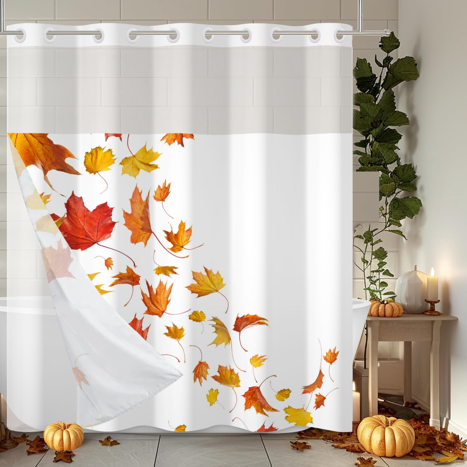 MIZHONA Fall Thanksgiving Shower Curtain with Snap in Liner,Maple Leaves No Hook Fabric Bathroom Curtain,71"× 86"
