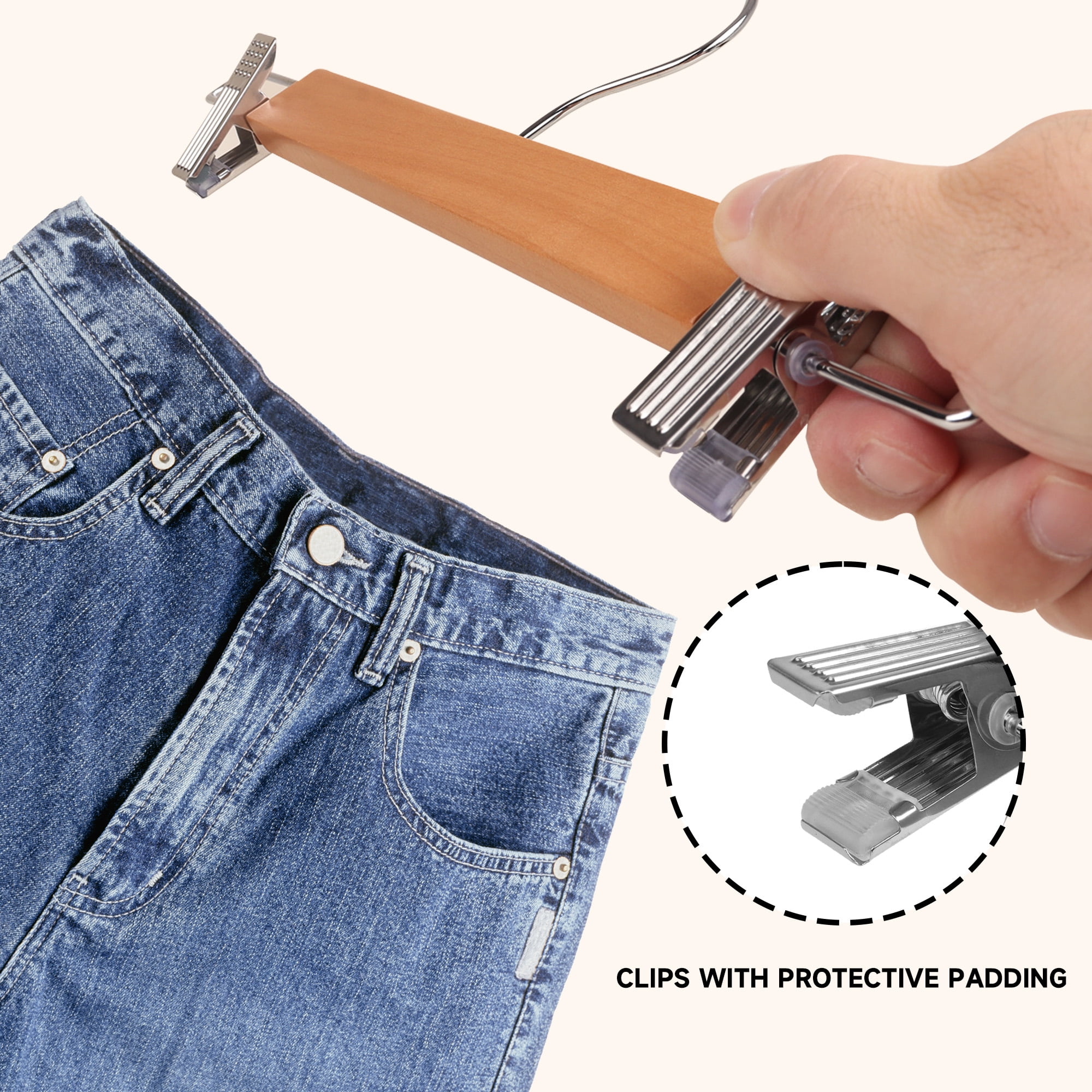 BP4U 12-Pack Premium Wooden Pants Hangers with Adjustable Clips, Heavy Duty Solid Wood Skirt Hangers, Non-Slip Trousers Bottom Hangers for Jeans, Slacks, Dresses(Natural Wood)