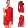 thumbnail image 2 of iiniim Women's Latin Dance Dress Single Long Sleeve Backless Rhinestone Fringe Ballroom Party Red XL, 2 of 6
