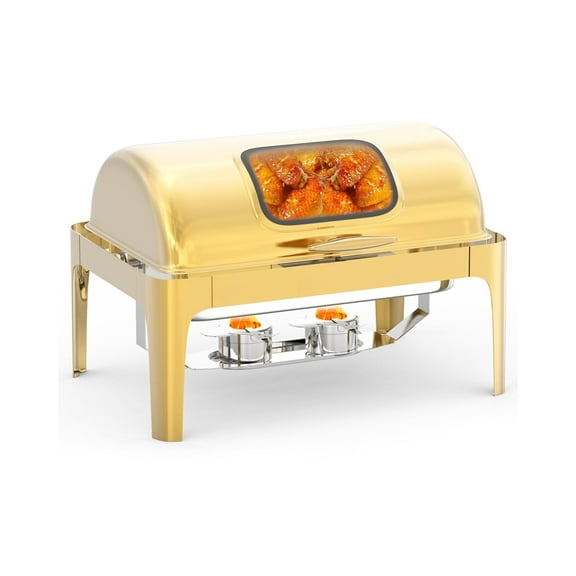 GARVEE Roll Top Chafing Dish Buffet Set, 9 QT Rectangular Catering Food Warmer, Golden
