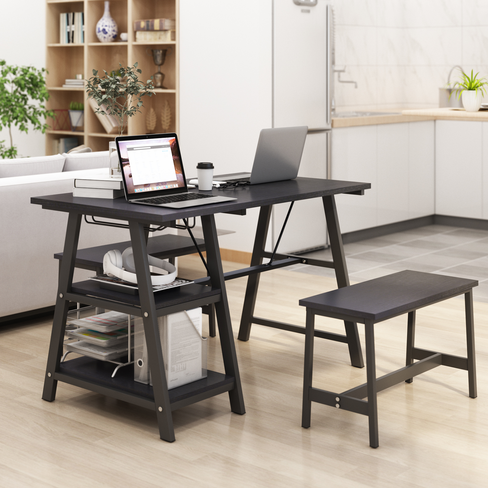 Sunix Kitchen Dining Table Set with 2 Benches, Wooden with Wine