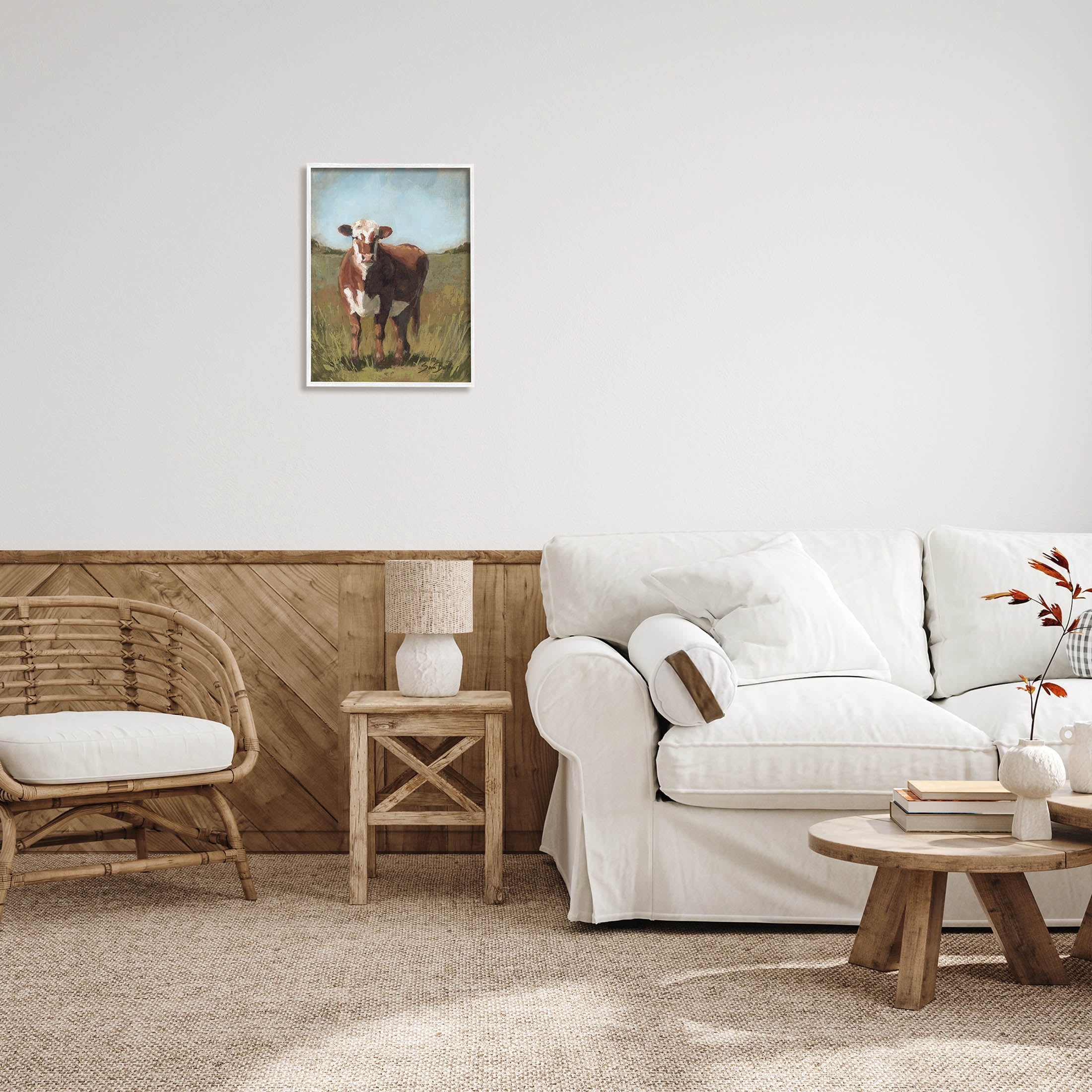 Cattle Vast Countryside Field Animals & Insects Painting White Framed Art Print Wall Art