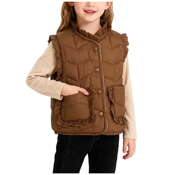 Girls' Sleeveless Fleece Vest Ruffled Crew Neck Button-Down Jacket with Pockets, Warm Casual Outerwear (1-10 Years)