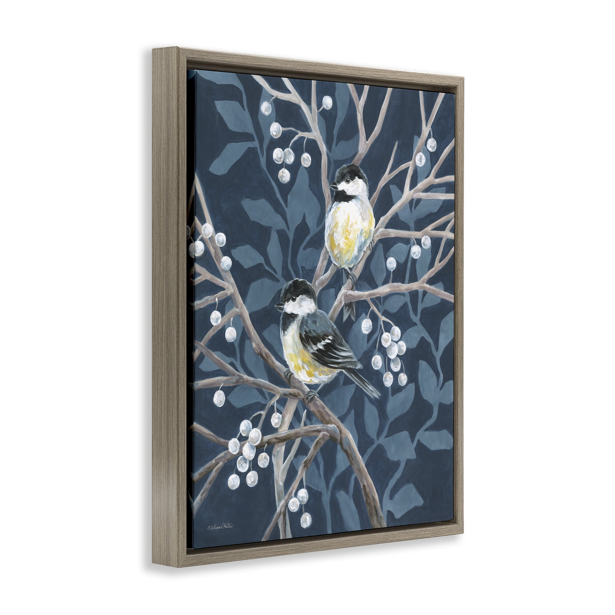 Stupell Industries Chickadees on Winter Berries Brown Framed Floater Canvas Wall Art, design by Diane Kater