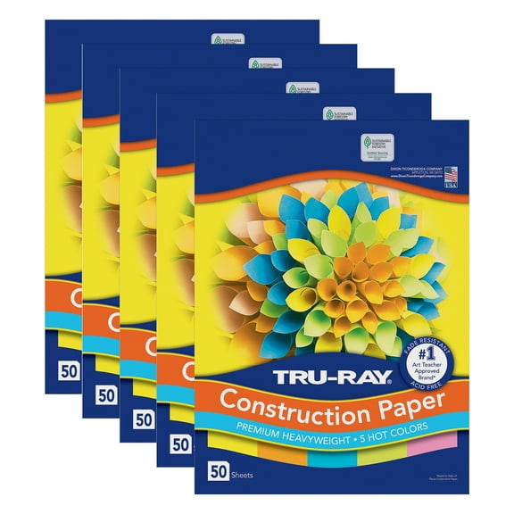 Tru-Ray Construction Paper, Heavyweight, 5 Assorted Hot Colors, 12" x 18", 50 Sheets Per Pack, 5 Packs