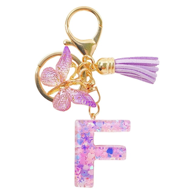 Initial Letter Keychains For Women Tassel Purple Cute Car Keychain For Wallet Backpack Bag