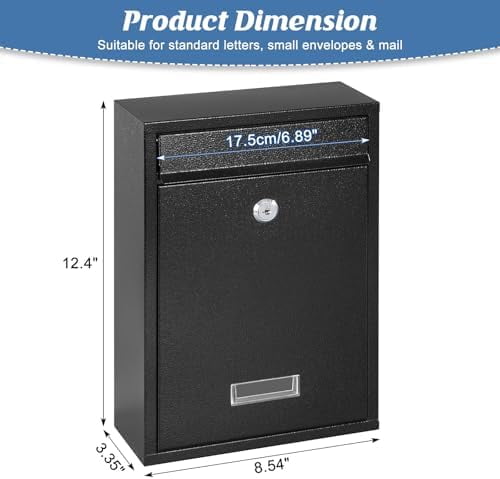 Key Lock Mailboxes for Outside, Locking Wall Mount Mailbox, Security Key Drop Box for Letters, Cash, Cards, Steel Mail Box for House Office School, 12.4H x 8.54L x 3.35W Inches, Black