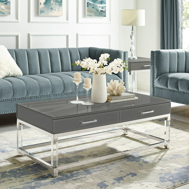 Inspired Home Maximo Table Basse 2 Tiroirs Pieds en Acrylique Haute Brillance Base en Acier Inoxydable Chromé Design Moderne, Gris Foncé/chrome