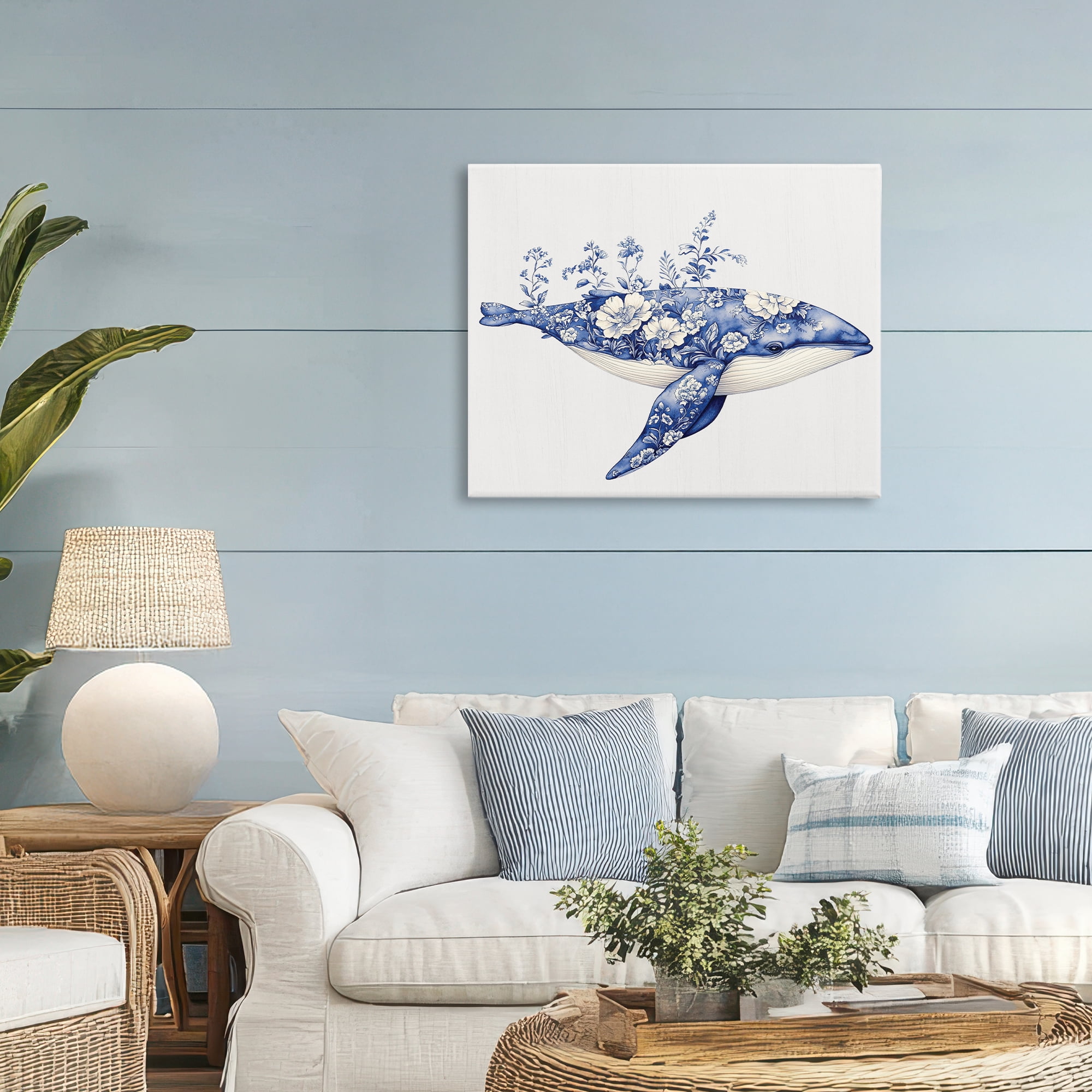 Blooming Toile Whale Canvas Wall Art, design by Lettered and Lined