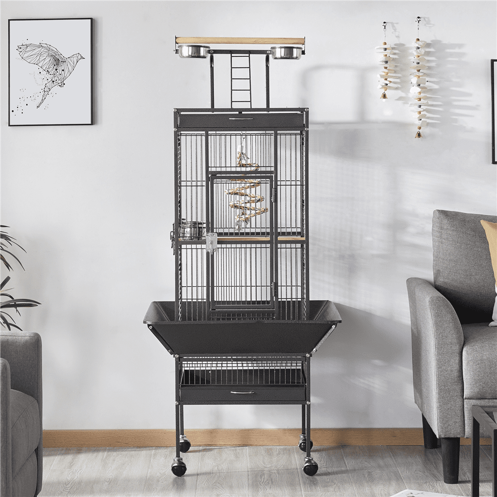 Renwick 61.5" Rolling Metal Bird Cage with Playtop, Black
