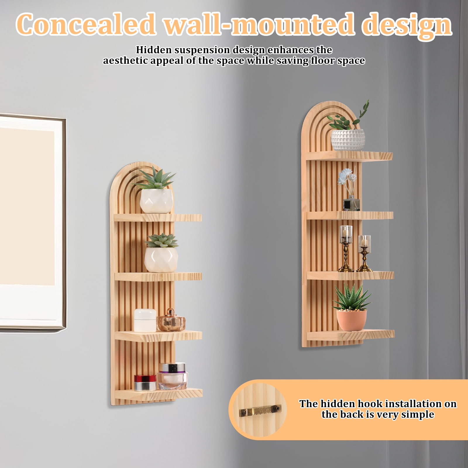 FKSZLL Boho Wall Shelf with Arched Wood Design Floating Shelf Mid-Century Rainbow Decor Wall Shelf for Home Bedroom Living Room Bathroom Office, 18.9 x 5.7 x 4.33 Inch, 4 Tier
