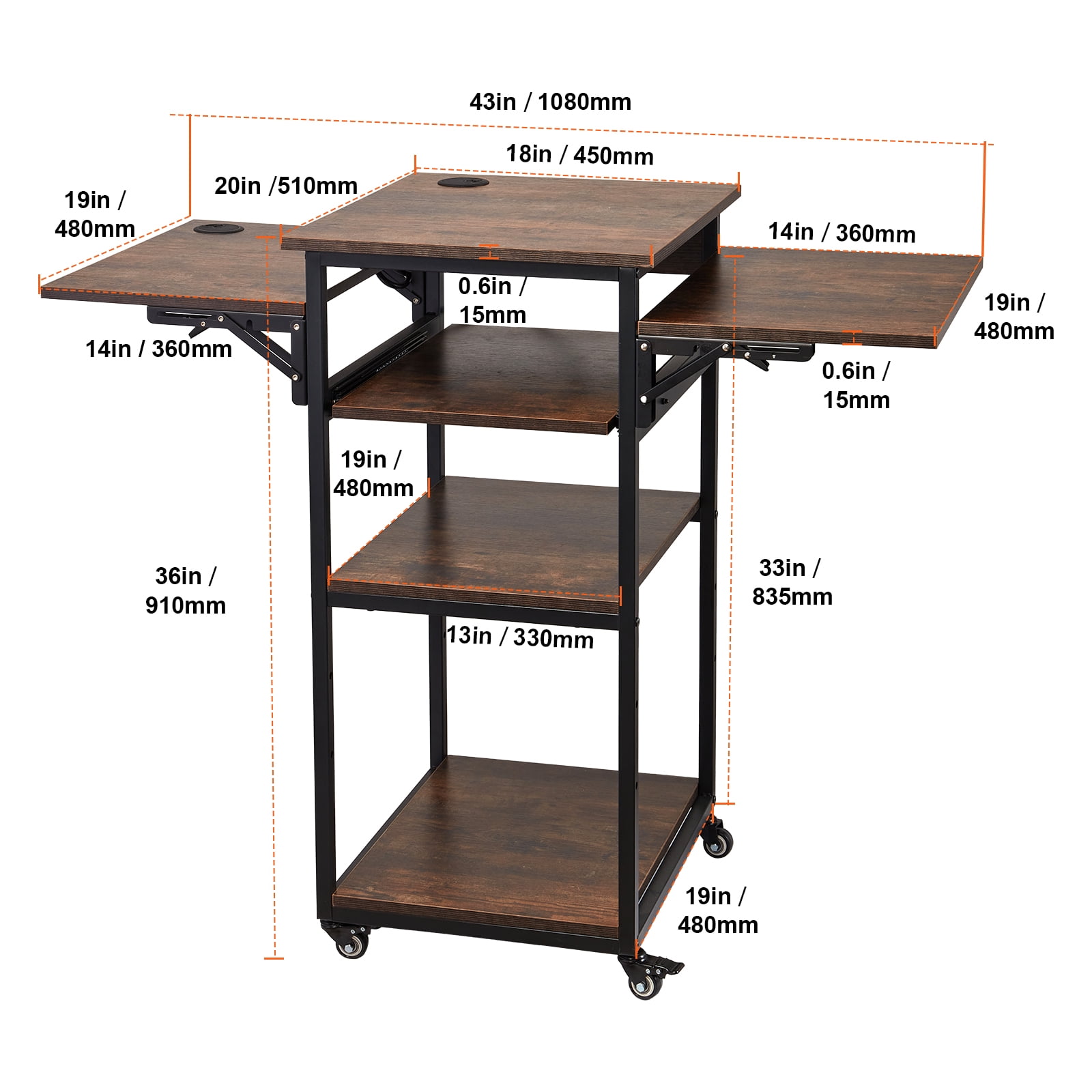 VEVOR Heat Press Table with Charging Station, 4 Tier Movable Heat Press Stand, Foldable Heat Transfer Machine Stand with Wheels, Rolling Metal Workbench for Sublimation Transfer Machine, Brown