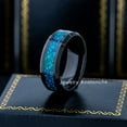 thumbnail image 2 of 8mm Black Tungsten Wedding Band - Synthetic Emerald Green Opal Inlay Beveled Edge Comfort Fit Tungsten Carbide Ring - TN883WAs10.5, 2 of 4