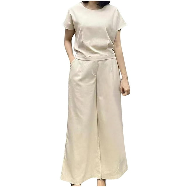 Hauts à Manches Longues pour Femmes, Col Rond, Manches Courtes, Pantalons à Jambes Élargies, Ensemble de Pantalons Longs, Hauts à Manches Courtes pour Femmes, Pantalons en Coton et Lin pour Femmes