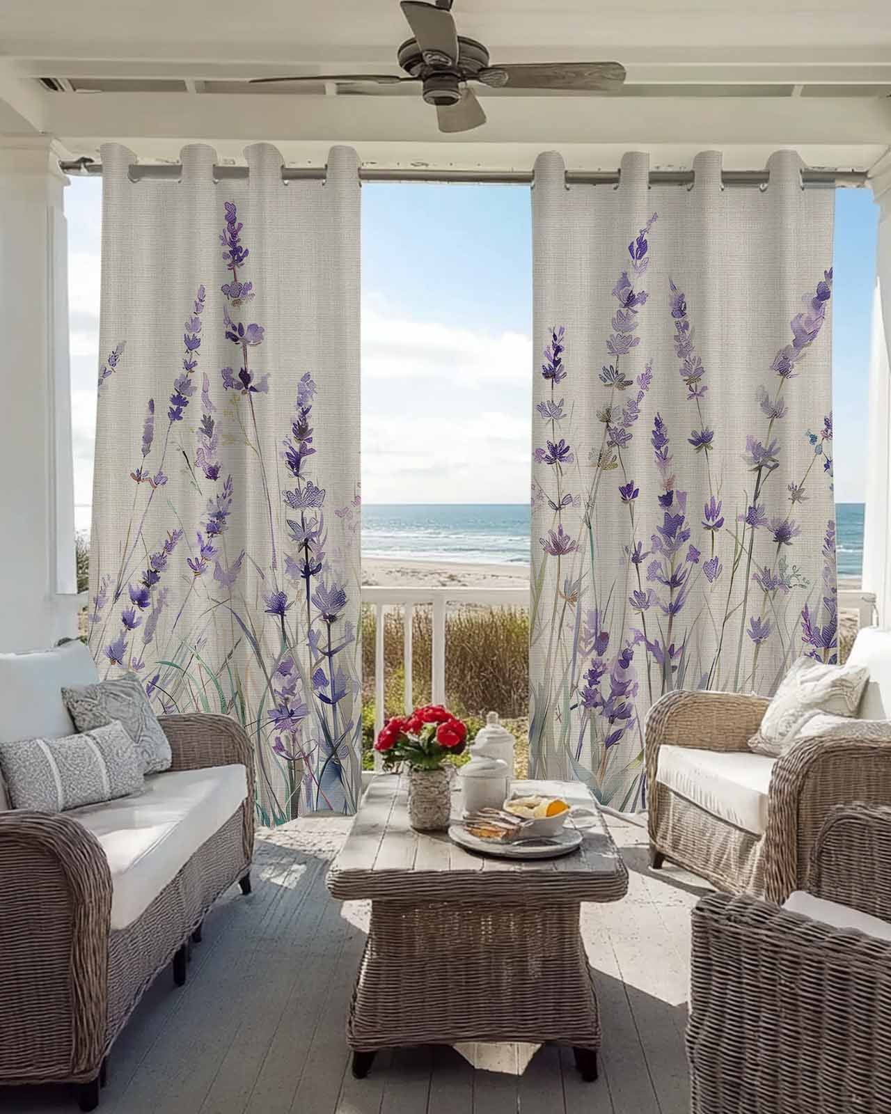 Spring Flower Blackout Curtains for Bedroom Living Room, Vintage Purple Lavender Linen Texture 84 In Long Thermal Insulated Room Darkening Drapes Grommet Window Treatments, 42 x 84 In