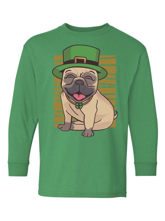 Irish Day Youth Long Sleeve T-shirt Pug in Green Hat Crewneck Tee for Kids Patrick's Day