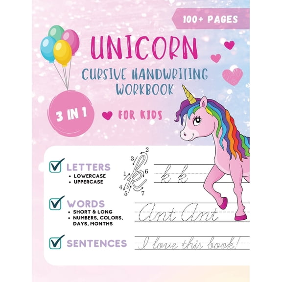 Unicorn Cursive Handwriting Workbook for Kids: Cursive Handwriting Practice Book for Kids Grade 1-5 3 in 1 Learning Curs, (Paperback)