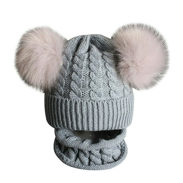 Children Winter Braid Knitted Beanie Cap Double Pompom Warm Neck Hat Scarf Set