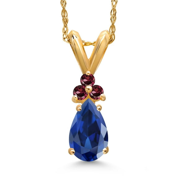 Gem Stone King 14K Yellow Gold Blue Created Sapphire and Red Rhodolite Garnet Pendant Necklace for Women | 1.11 Cttw | Gemstone September Birthstone | Pear Shape 7X5MM | With 18 inch Chain