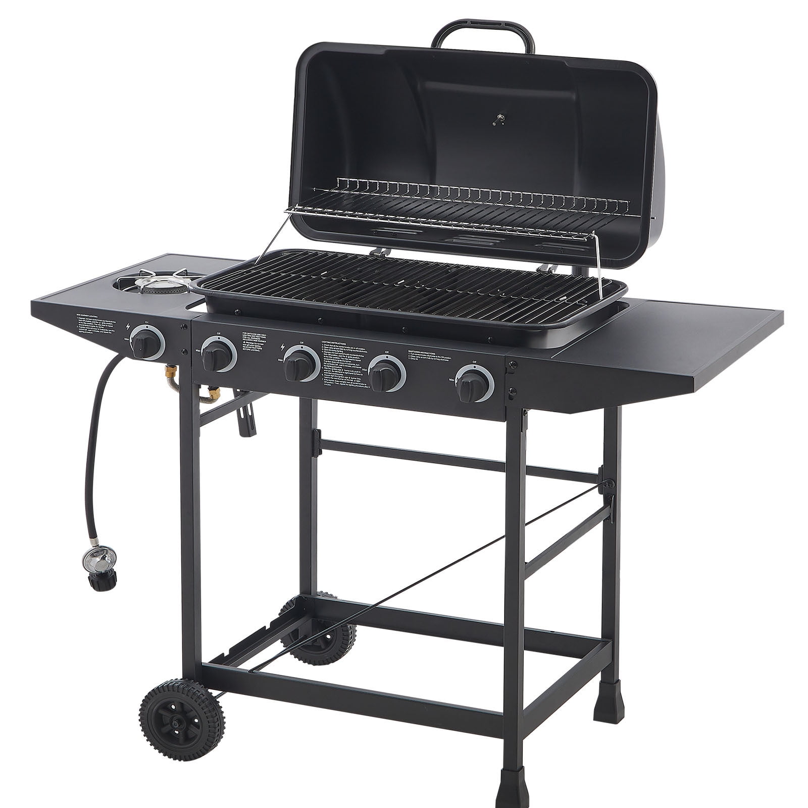 YIYADO 4 Burner BBQ Propane Gas Grill, Stainless Steel Grill with Enamel Coated Grate and Side Table, 42000 BTU, Black