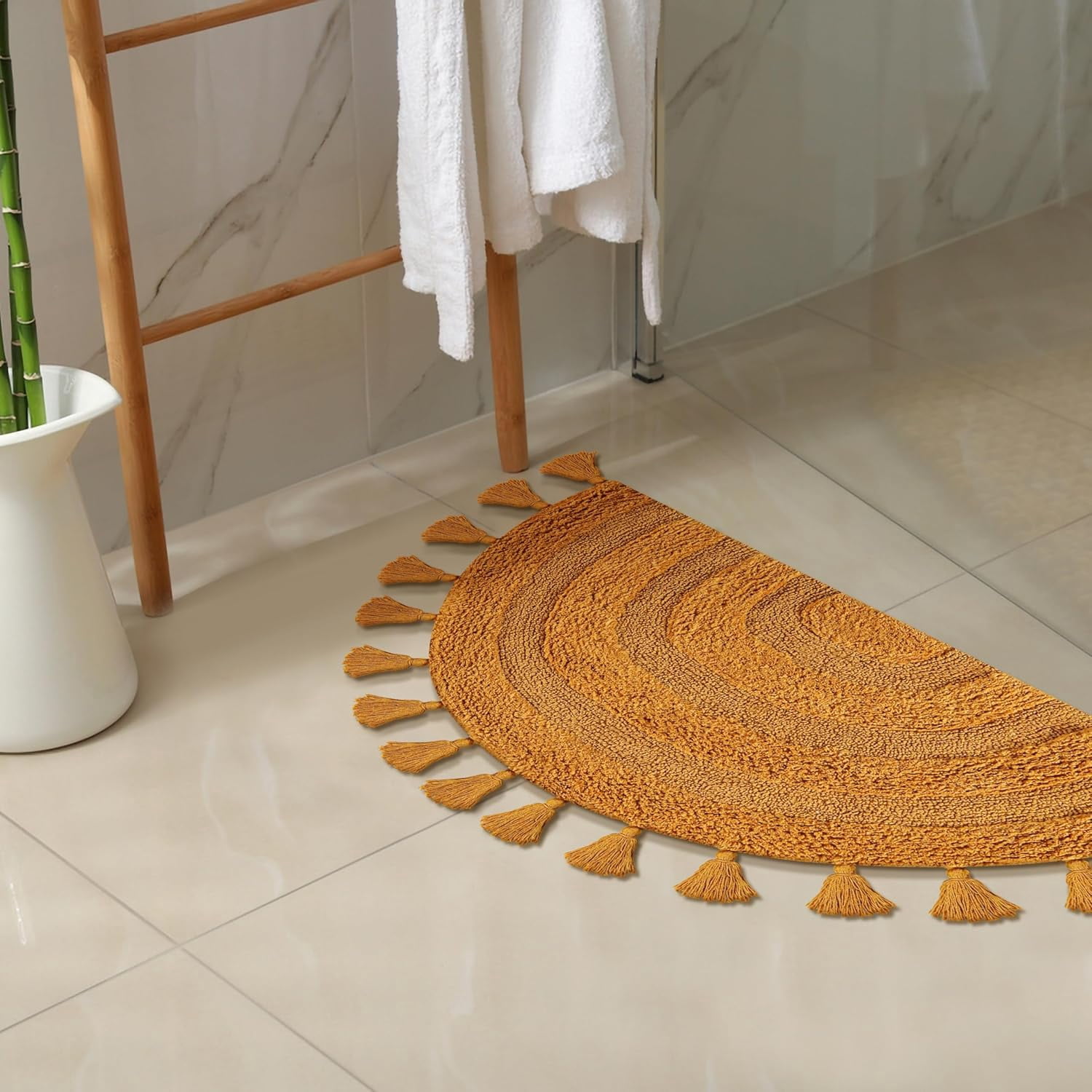 Savi Home Cotton Half Circle Bath Mat with Anti-Skid Backing, Mustard, 22" x 36"