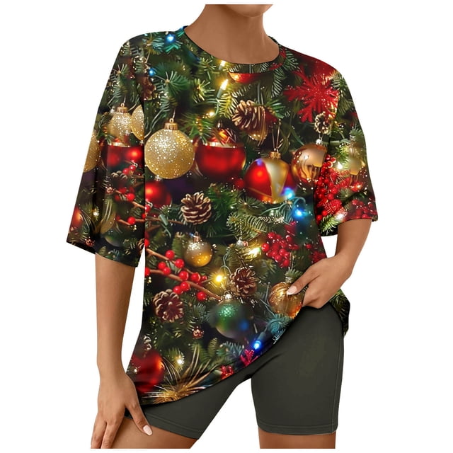 Jamicy Pyjamas pour Femmes Cadeau pour Femmes T-Shirts Imprimés Arbre de Noël Manches Courtes T-Shirts Graphiques Amusants Col Rond Tops Pyjamas de Noël