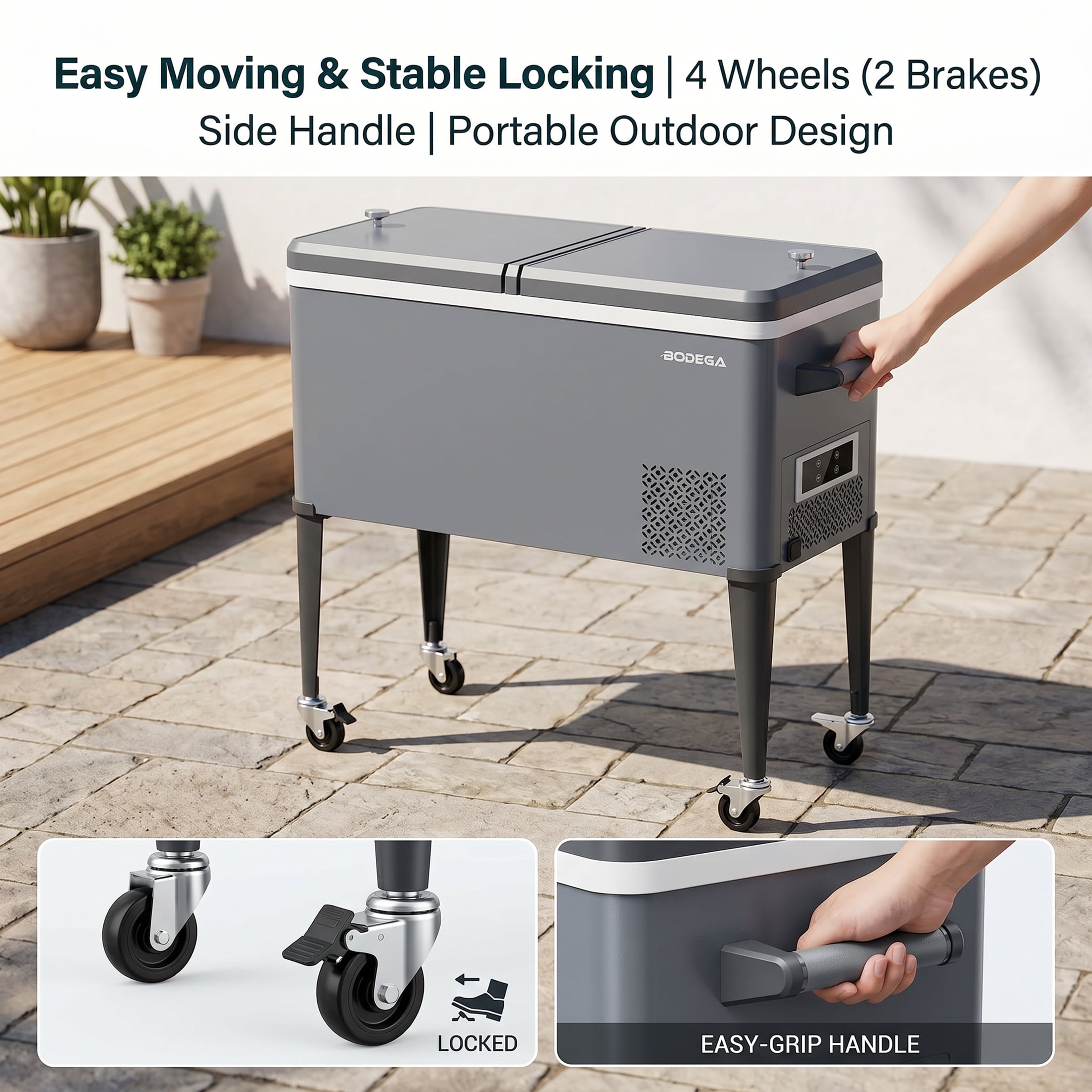 Bodega 50L 1.8 Cu.Ft Portable Compressor Cooler, -4°F to 68°F Outdoor Refrigerator Freezer, AC/DC Dual Power No Ice Needed Fridge, Rolling Wheeled Beverage Cooler for Patio, Porch,Party, Gathering