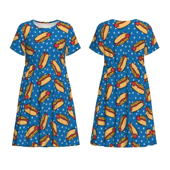 Horeoi Hot Dog 1 Print Women's Short Sleeve Dress Breathable Polyester-Spandex All-Over Print A-Line Side Pockets Elastic Waist