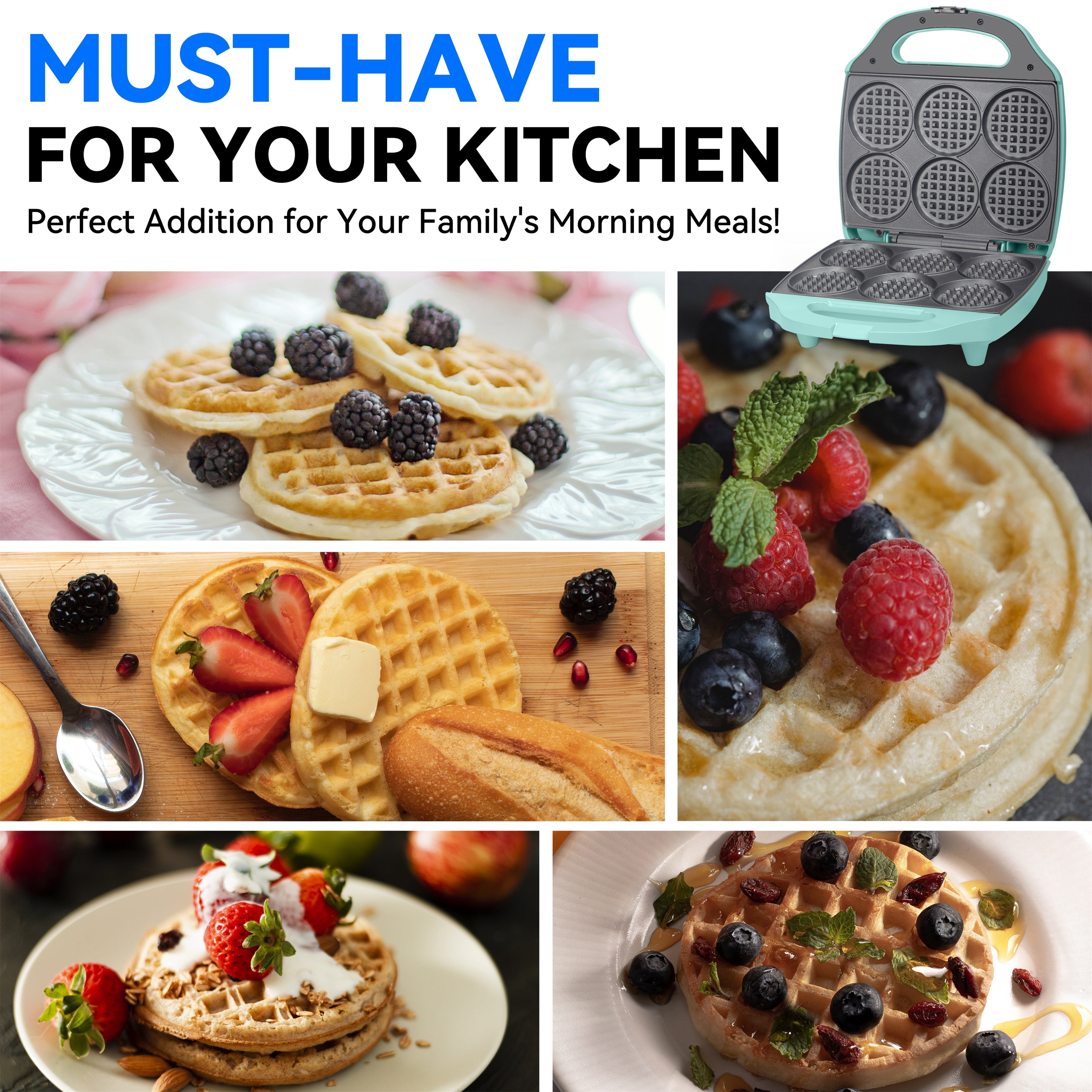 Mailand 6 x 3'' Multi Mini Waffle Maker Machine, Small Waffle Bites Iron, Non-stick, Aqua