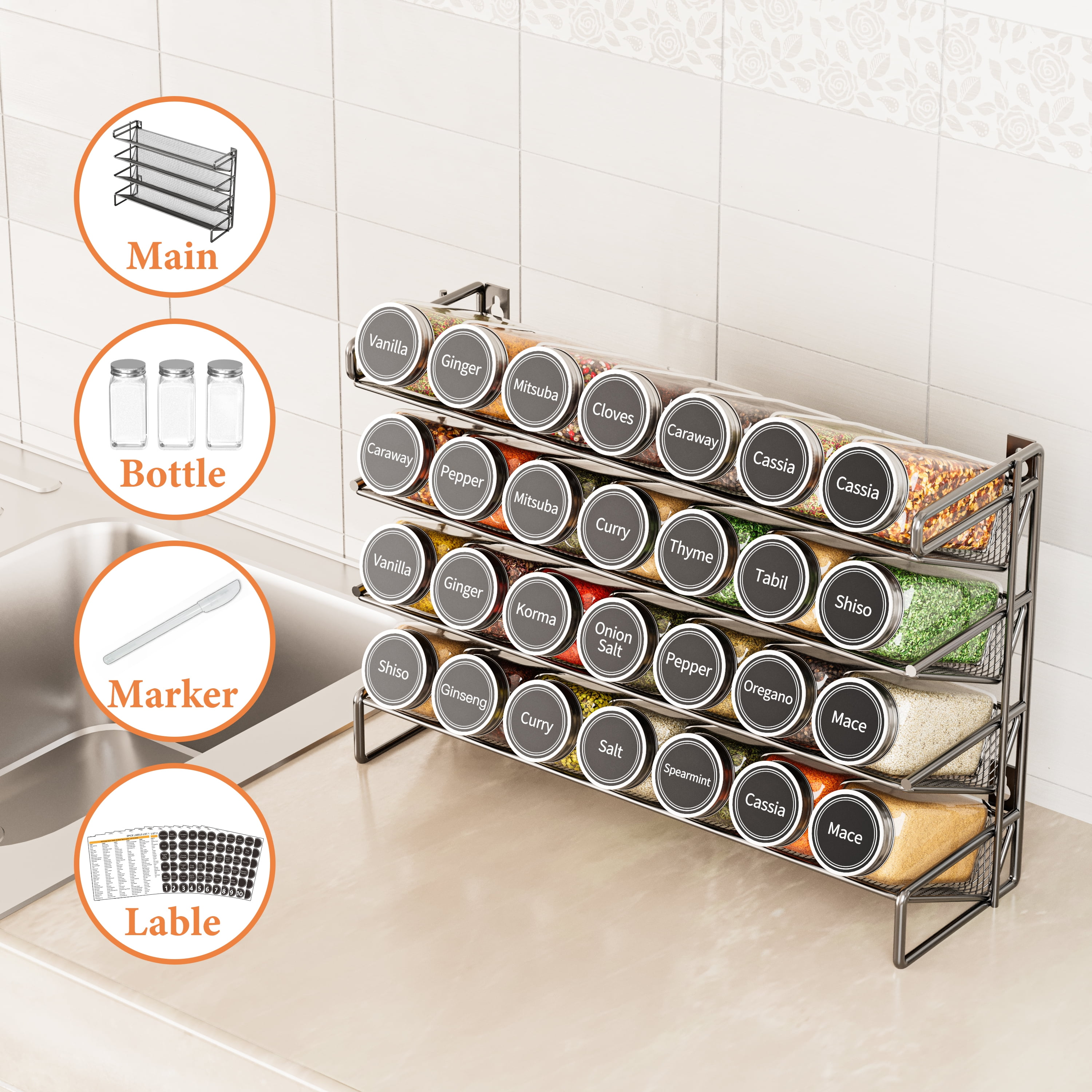 SpaceAid Spice Rack Organizer with 28 Jars, 4.33"D x 13.33"W x 10.5"H, Black