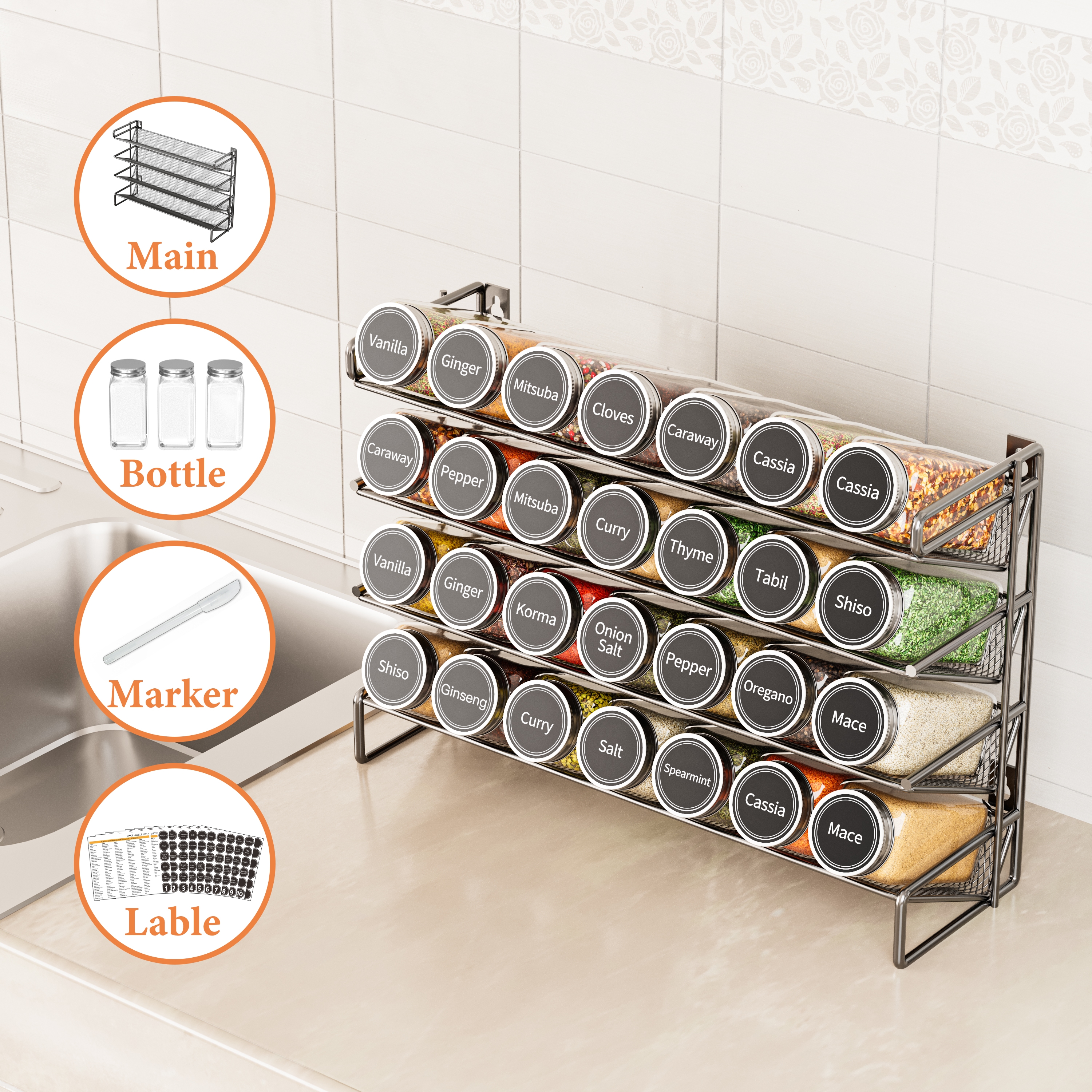 SpaceAid Spice Rack Organizer with 28 Glass Jars, Black photo 6