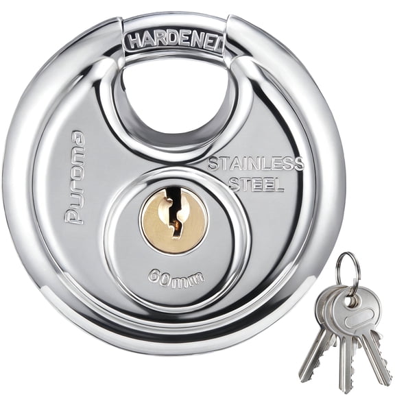 Puroma 2-3/8" (60mm) Discus Padlock, 304 Stainless Steel Round Lock with 3 Keys, 5/8" (16mm) Shackle Clearance Height, Heavy-Duty Weather-Resistant Lock for Storage Units, Pods, Garages, Sheds, Gates