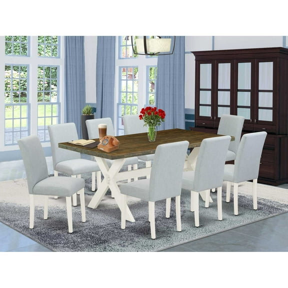 East West Furniture 9-Piece wooden dining table set Includes 8 Kitchen Chairs with Upholstered Seat and High Back and a Rectangular Kitchen Table - Linen White Finish