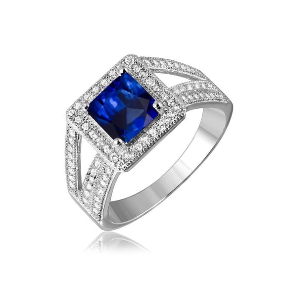 Rhodium Plated Sterling Silver 925 Simulated Sapphire Micro Pave Ring Band Blue CZ Female Size 6