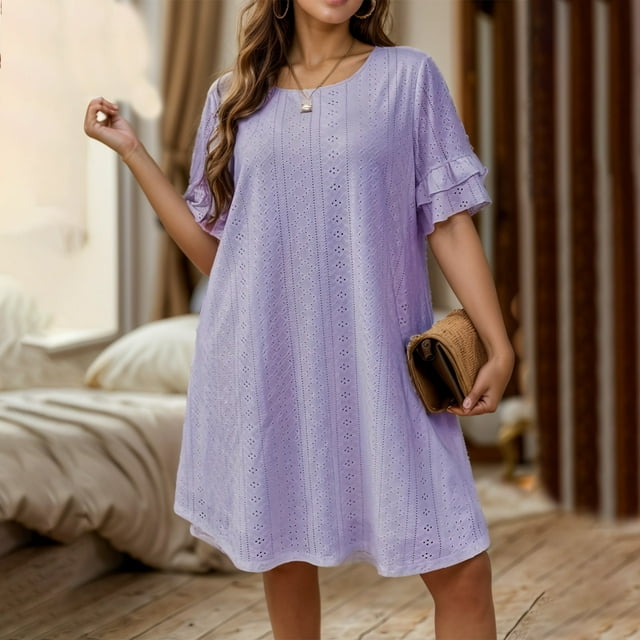 Robe d'Été Grande Taille, Robe Ample et Décontractée à Col Rond et Manches Courtes avec Détail Ajouré en Dentelle pour la Plage et le Quotidien