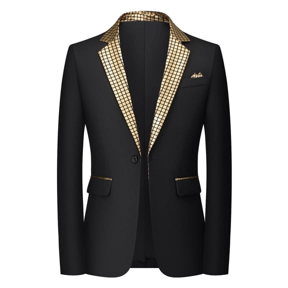PBFRDSJ Black Blazer Men One Button Slim Fit Casual Business Tuxedo Outfit Grid Rhinestone Trim Notched Lapel Tuxedo Blazer