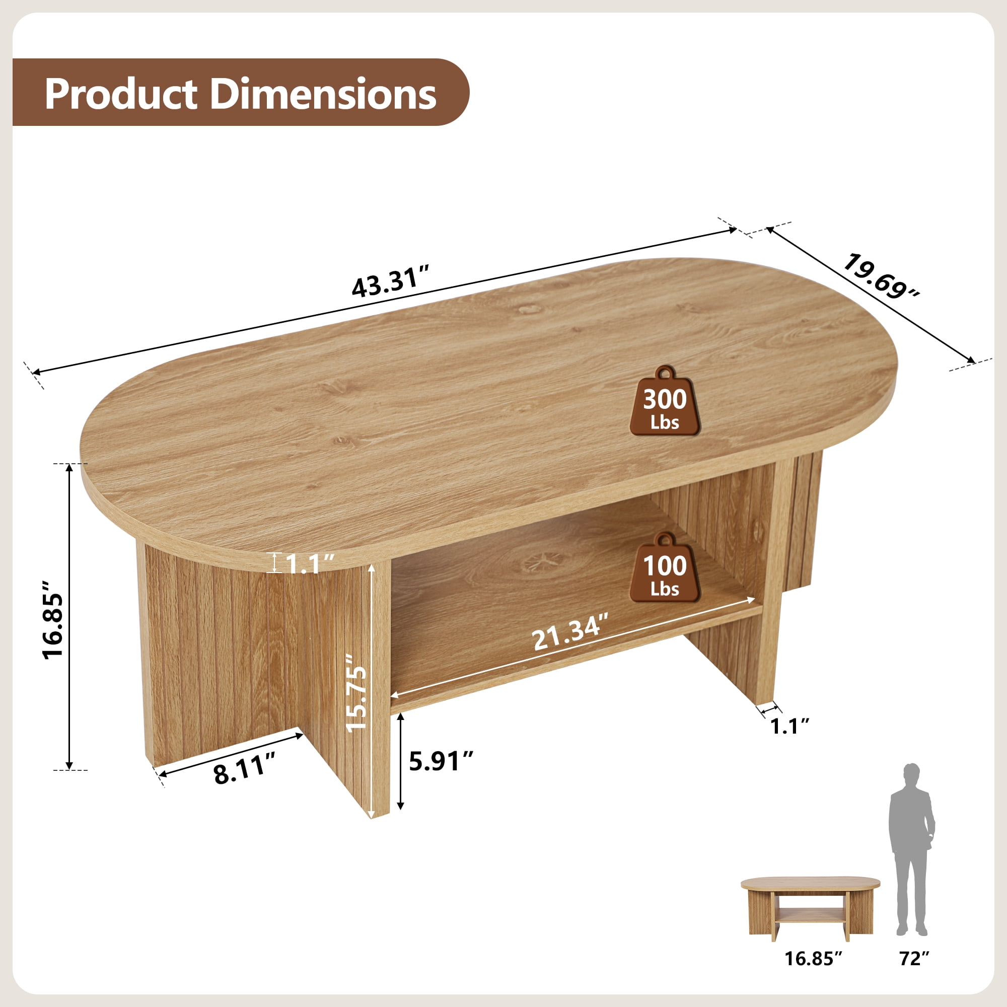 Wirrytor Oval Coffee Table, Coffee Tables for Living Room Small, Fluted Coffee Table with Open Storage Shelf, Farmhouse  Wood Center Table for 2-Tier Coffee Table, Natural