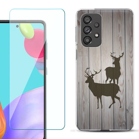Slim-Fit Gel TPU Phone Case for Samsung Galaxy A33 5G, with Tempered Glass Screen Protector, by OneToughShield ® - Wood/Deer